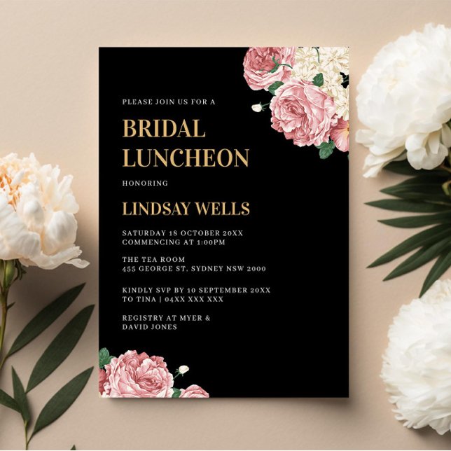 Invitación Palabras florales y Rosas en Black Bridal Luncheon (Subido por el creador)