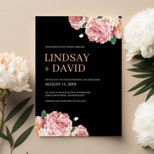 Invitación Palabras florales y Rosas sobre Boda negro