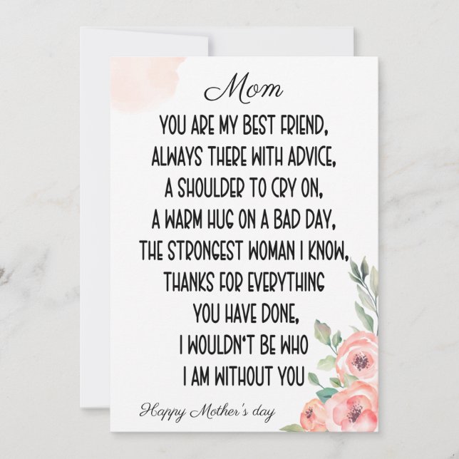 Invitación Palabras sentimentales para mamá, feliz día de la  (Anverso)