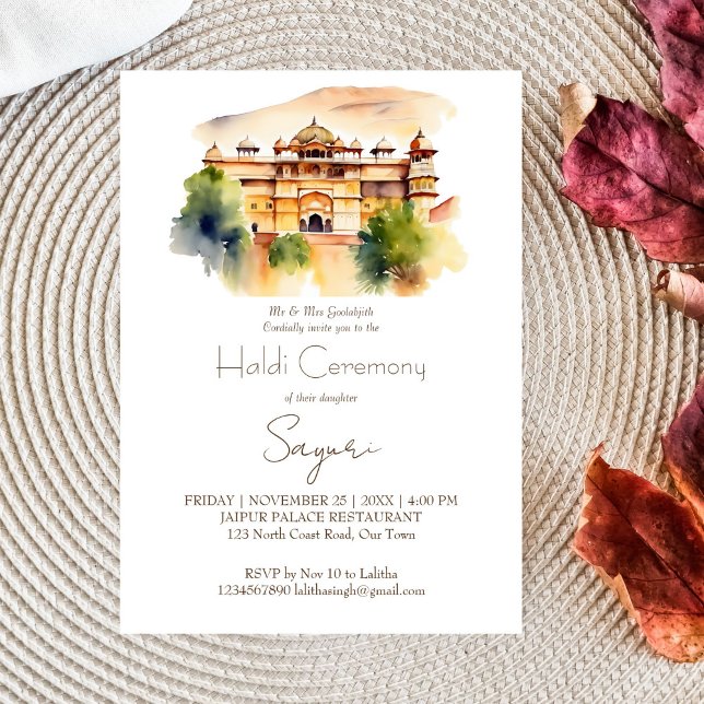 Invitación Palacio de Jaipur acuarela boda indio Haldi (Jaipur palace modern watercolor Indian wedding Haldi editable template invitation digital download )