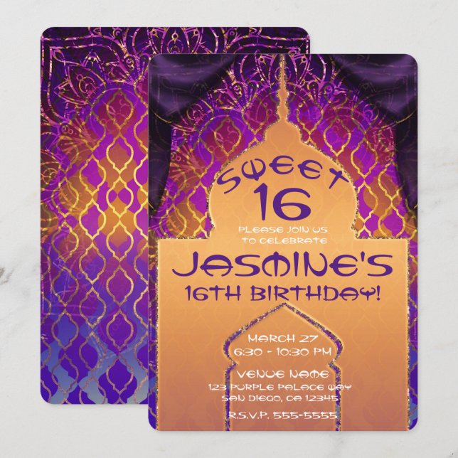 Invitación Palacio de Oro Noches Árabes Dulces Cumpleaños 16 (Anverso / Reverso)