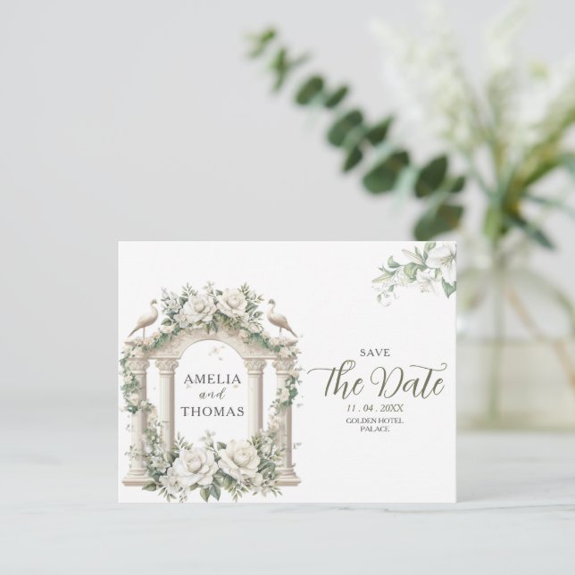 Invitación Palacio Elegante con Vegetación Save the Date (Anverso de pie)