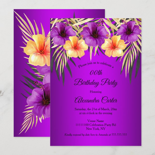 Invitación Palas de oro moradas amarillas Fiesta de cumpleaño (Anverso / Reverso)