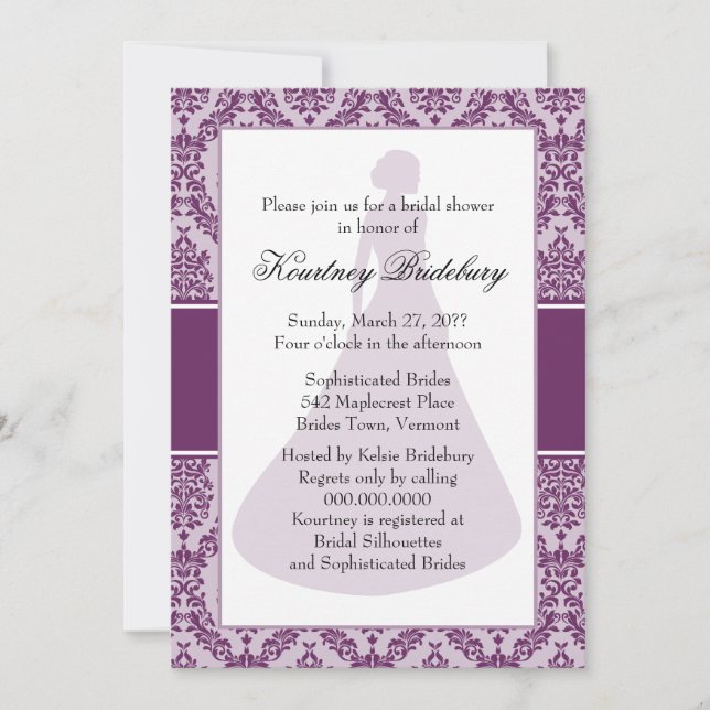 Invitación Palatinate Purple Damask Bridal Shower (Anverso)