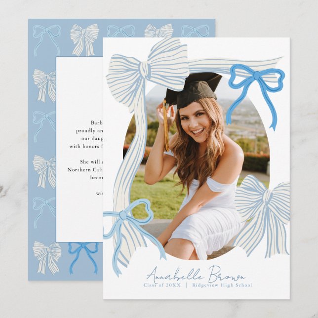 Invitación Pale Blue Bows Photo Text Graduation Announcement (Anverso / Reverso)