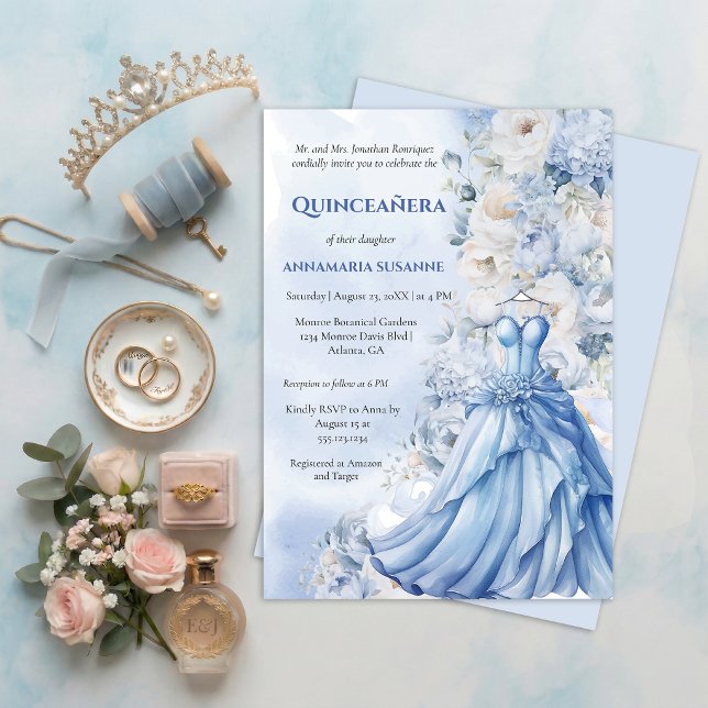 Invitación Pale Blue Floral Quinceañera Ball Gown |  I (Subido por el creador)