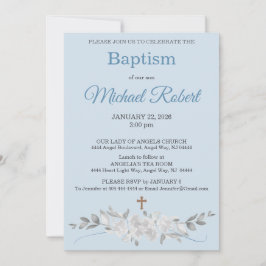 Invitación Pale Blue Floral Watercolor Cross Baptism