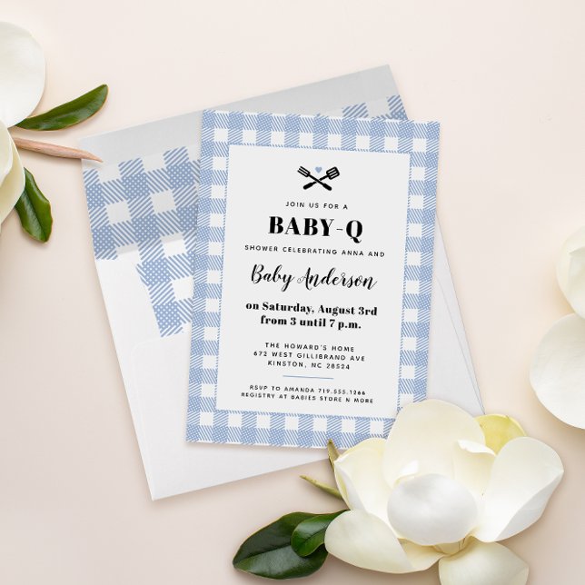 Invitación Pale Blue Gingham Plaid Baby Shower BBQ (sweet baby blue gingham sets the tone for a BBQ baby shower)