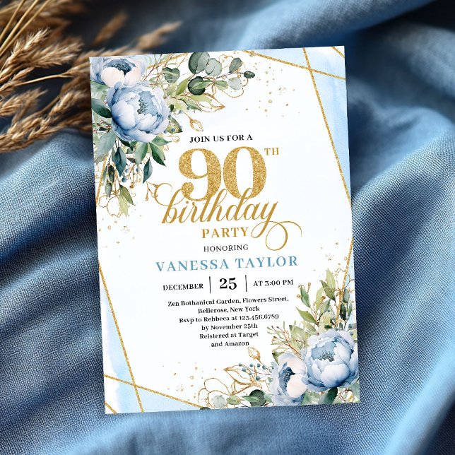 Invitación Pale blue gold floral blend fancy 90th birthday  (Pale blue gold floral blend fancy 90th birthday party card)