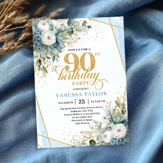 Invitación Pale blue gold leaves soft chic 90th birthday 