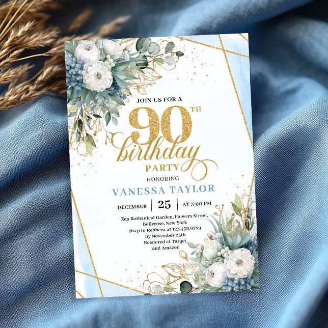 Invitación Pale blue gold leaves soft chic 90th birthday  (Pale blue gold leaves soft chic 90th birthday invitation)