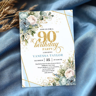 Invitación Pale blue gold wreath elegance 90th birthday 