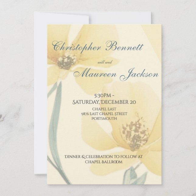 Invitación Pale Butter Yellow Soft Blue Floral Wedding (Anverso)