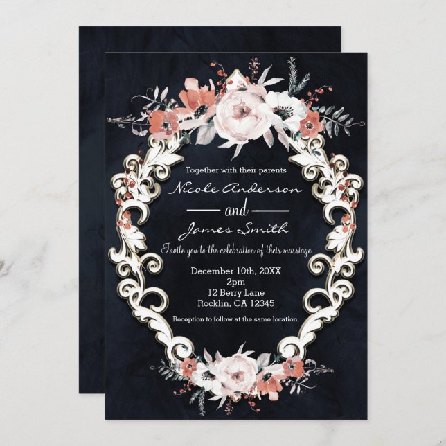 Invitación Pale Floral Dark Chalk Elegante Boda de Invierno (Anverso / Reverso)