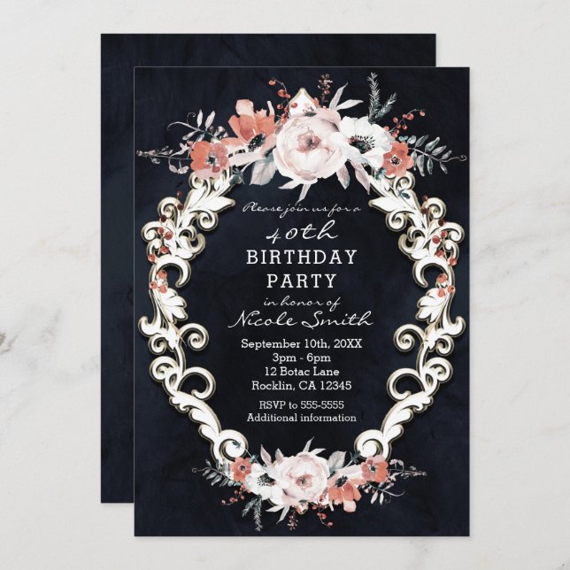 Invitación Pale Floral Dark Chalk Elegante fiesta de cumpleañ (Anverso / Reverso)