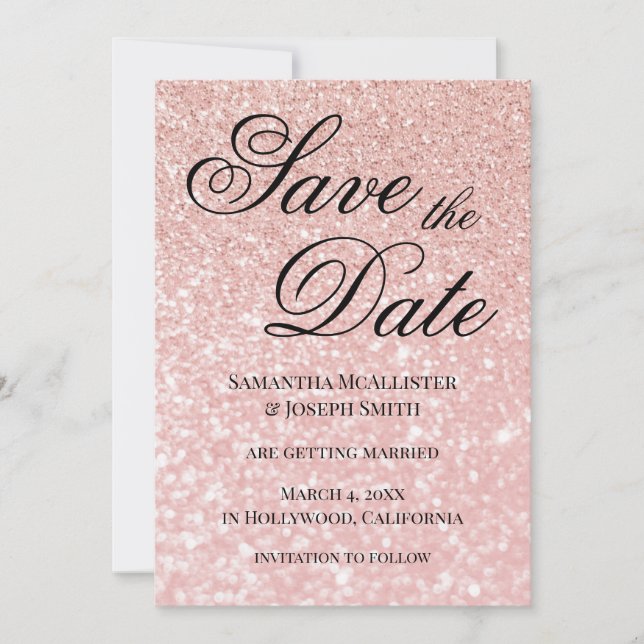 Invitación Pale Rose Gold Bokeh Glitter Salva la Fecha (Anverso)