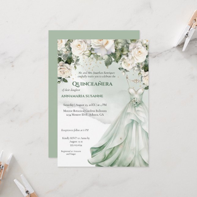 Invitación Pale Sage Green Floral Quinceañera Ball Gown |  I (Anverso/Reverso In Situ)