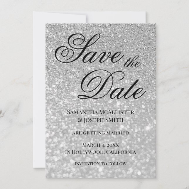 Invitación Pale Silver Bokeh Glitter Guardar la Fecha (Anverso)