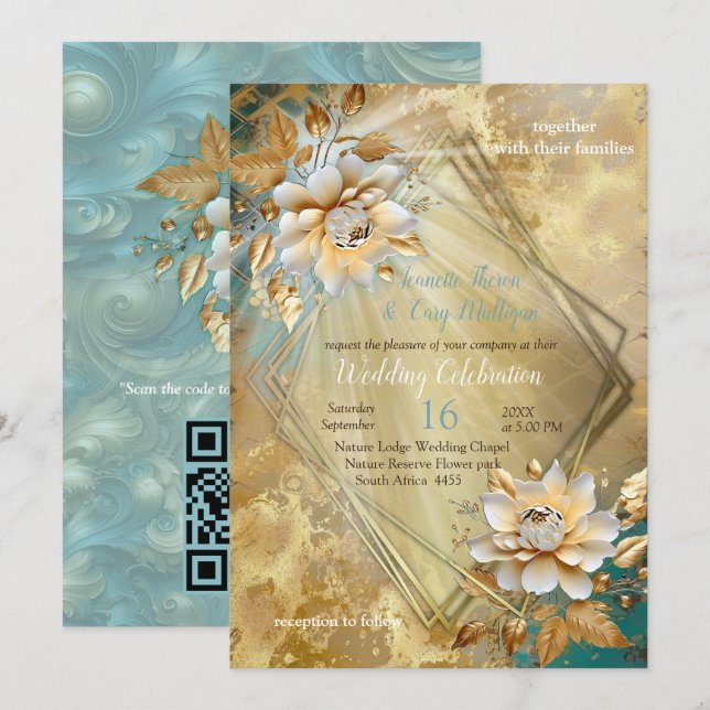 Invitación Paleta azul claro en diseño de barriga dorada (Anverso / Reverso)