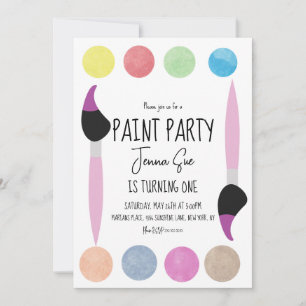 Invitación Paleta de acuarela Paint Party para primer cumplea