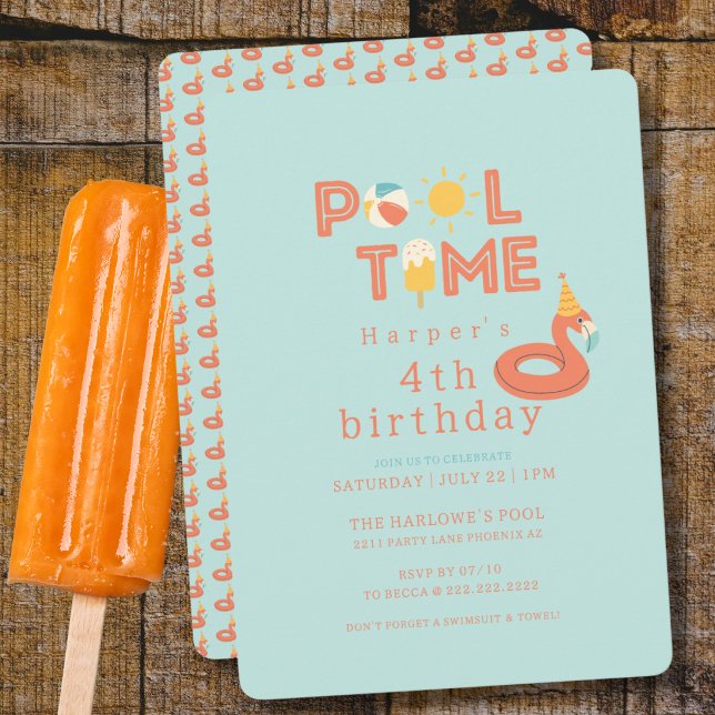 Invitación paleta de flamenco de verano fiesta de cumpleaños  (pool time flamingo beach ball sun popsicle birthday pool party personalized invitation modern )