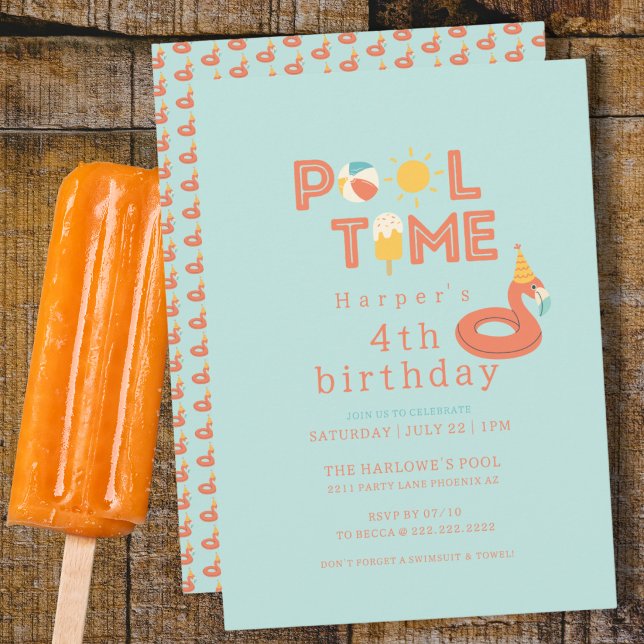 Invitación paleta de flamenco de verano para cumpleaños de ni (pool time flamingo beach ball sun popsicle personalized birthday pool party invitation )