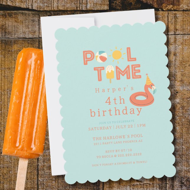 Invitación paleta de flamenco de verano para cumpleaños de ni (pool time flamingo beach ball popsicle sun birthday pool party personalized invitation)
