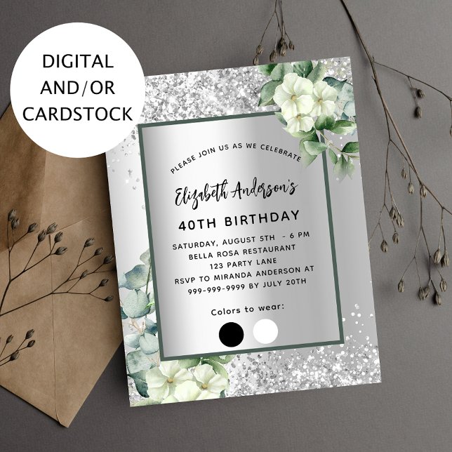 Invitación Paleta de ropa de flores blancas plateadas de cump (Subido por el creador)