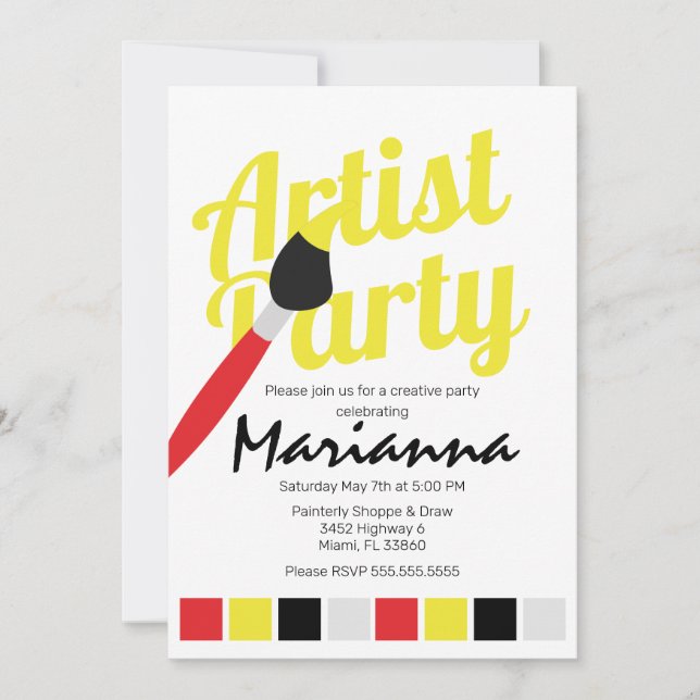 Invitación Paleta Fiesta Artista Cumpleaños Rojo Amarillo (Anverso)