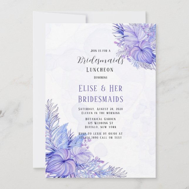 Invitación Paleta tropical azul morado hoja de palma dama de  (Anverso)