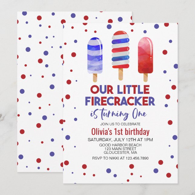 Invitación Paletas De Hielo Rojo Blanco Y Azul Cumpleaños 1 (Anverso / Reverso)