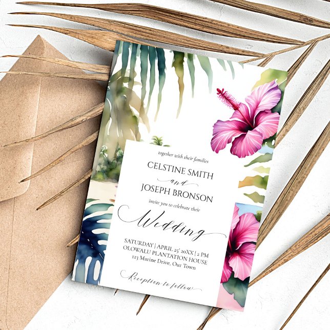 Invitación Paletas tropicales de playa hibiscus boda plantill (Tropical beach wedding template invitation digital download palm trees leaves pink hibiscus)