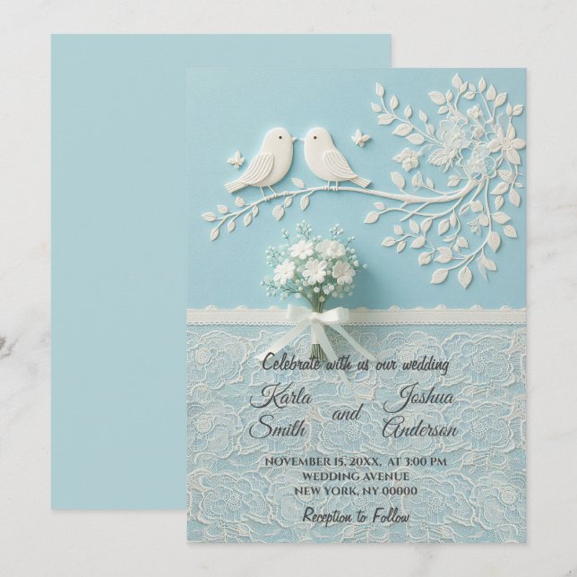 Invitación Pálido Verde azulado de encaje romántico y Boda de (Anverso / Reverso)