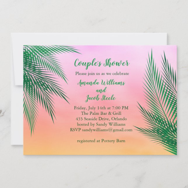 Invitación Palm acuarela de la puesta de sol deja ducha de pa (Anverso)