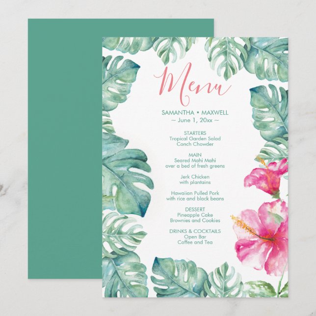 Invitación Palm acuarela deja menú rosa hibiscus tropical (Anverso / Reverso)