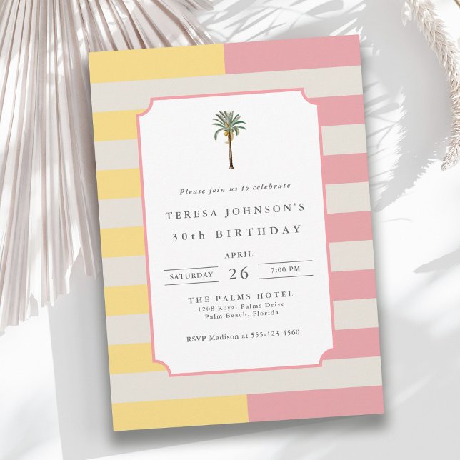 Invitación Palm Beach Pastel Raya Tropical Cumpleaños 30 (Available in both printed and instant download digital formats.)
