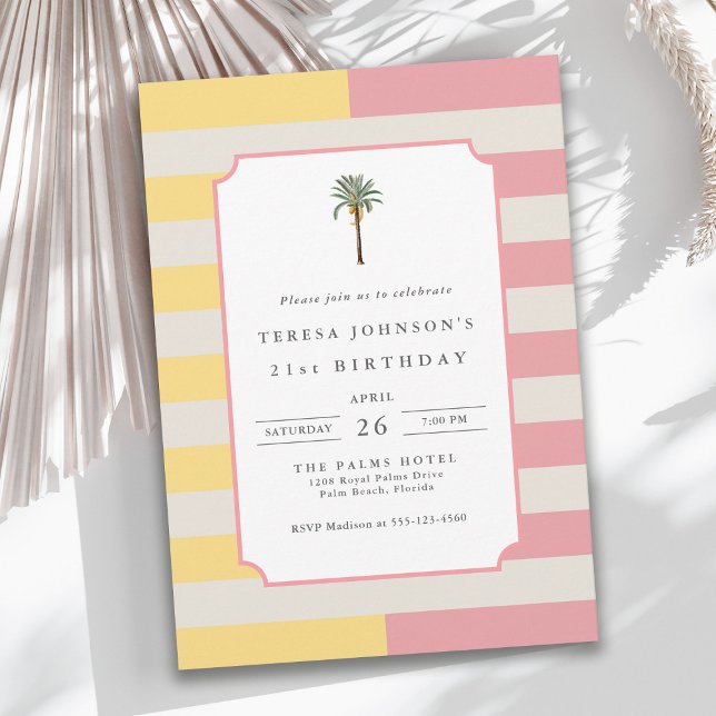 Invitación Palm Beach Pastel Stripe Tropical 21st Birthday (Subido por el creador)