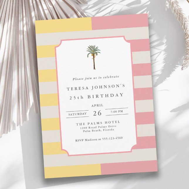 Invitación Palm Beach Pastel Stripe Tropical 25th Birthday (Available in both printed and instant download digital formats.)