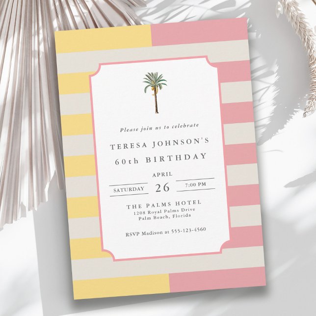 Invitación Palm Beach Pastel Stripe Tropical 60th Birthday (Available as both printed and instant download digital formats.)