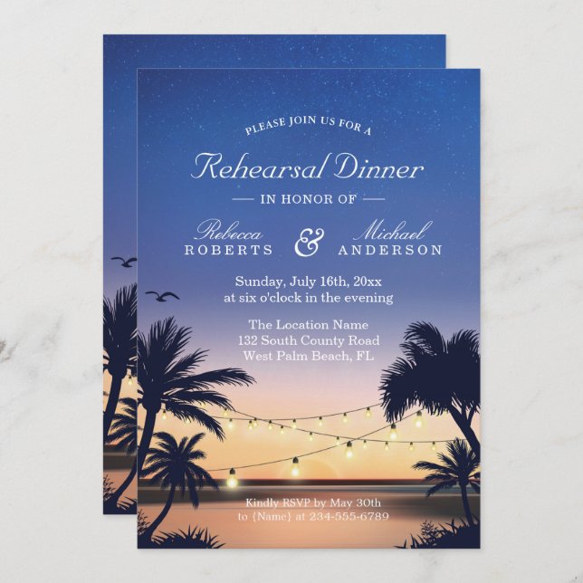 Invitación Palm Beach Sunset String Luces Ensayos Cena (Anverso / Reverso)