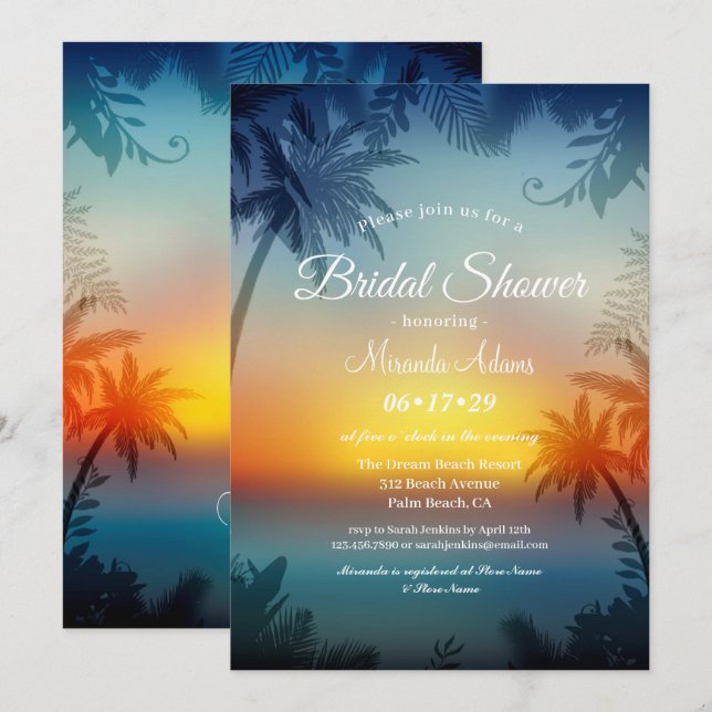 Invitación Palm Beach Tropical Sunset Beach Bridal Shower (Anverso / Reverso)
