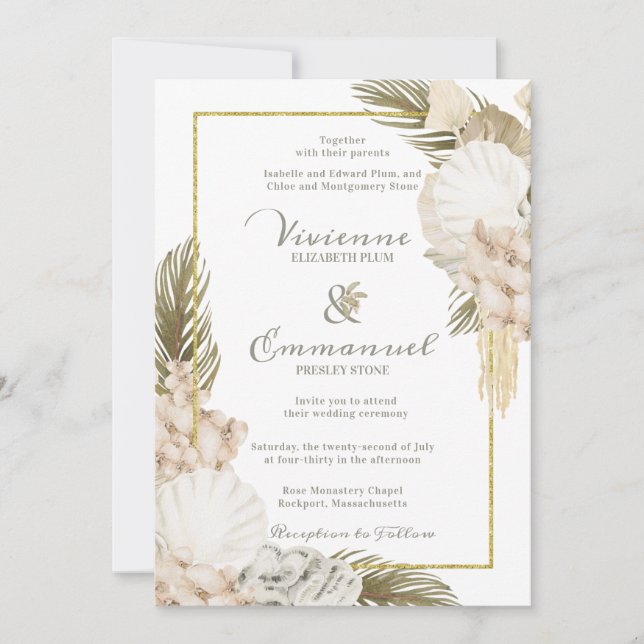 Invitación Palm Boho Boda Floral Blanca (Anverso)