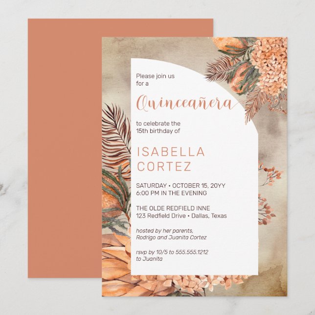 Invitación Palm Boho deja Hydrangea Blooms 15 Quinceañera (Anverso / Reverso)