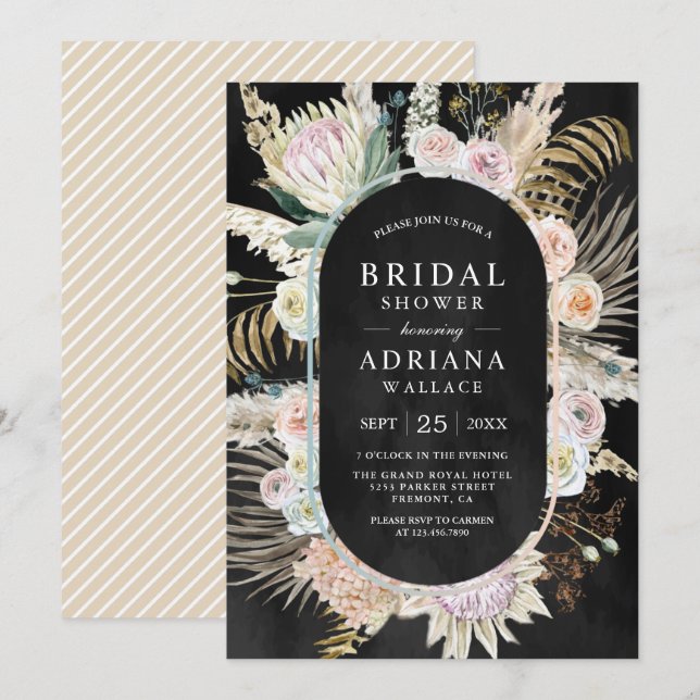 Invitación Palm Boho Pampas Floral Black Bridal Shower (Anverso / Reverso)