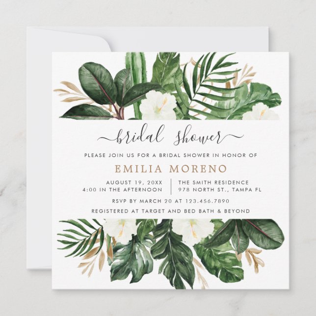 Invitación Palm Cactus Tropical Moderno Bridal Floral Blanco (Anverso)