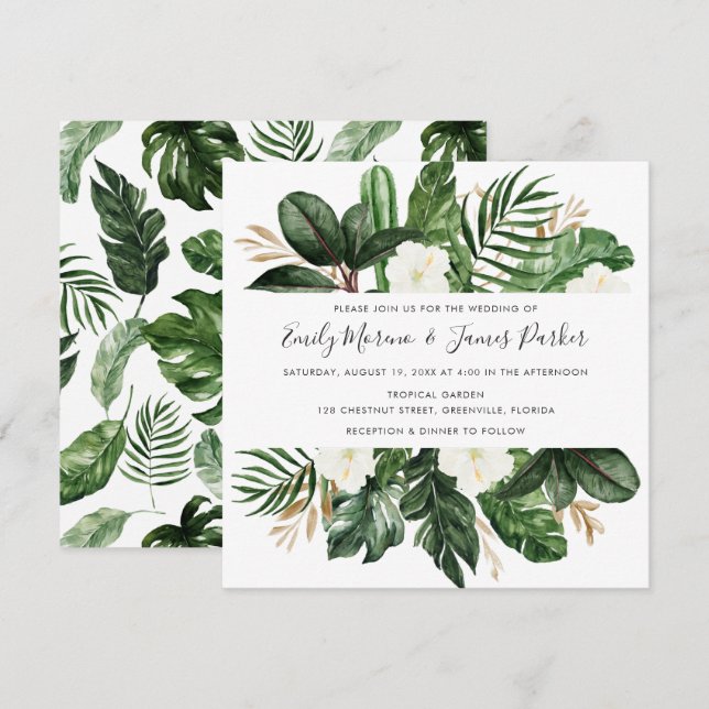 Invitación Palm Cactus Tropical Moderno Floral Blanca (Anverso / Reverso)