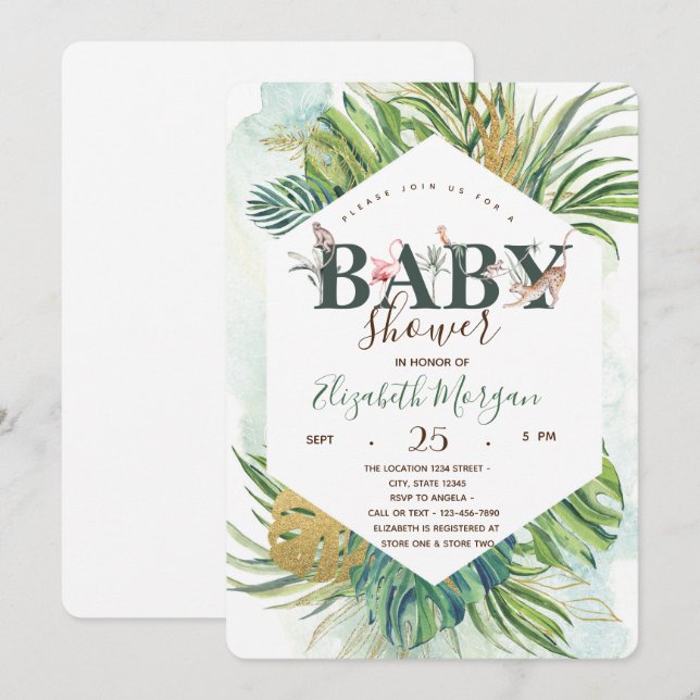 Invitación Palm de animales salvajes deja Baby Shower (Anverso / Reverso)