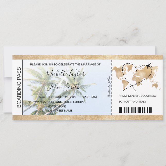 Invitación Palm de avión de avión de pasajeros para bodas de  (Anverso)