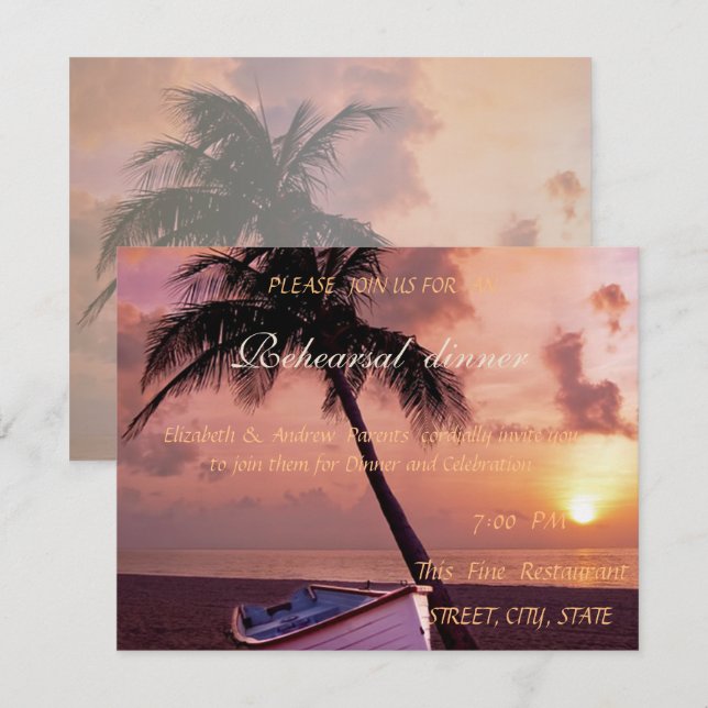 Invitación Palm de bodas de playa, atardecer, cena de ensayo  (Anverso / Reverso)