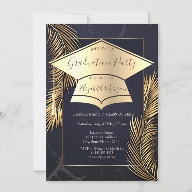 Invitación Palm de capucha de oro deja graduación de mármol (Anverso)
